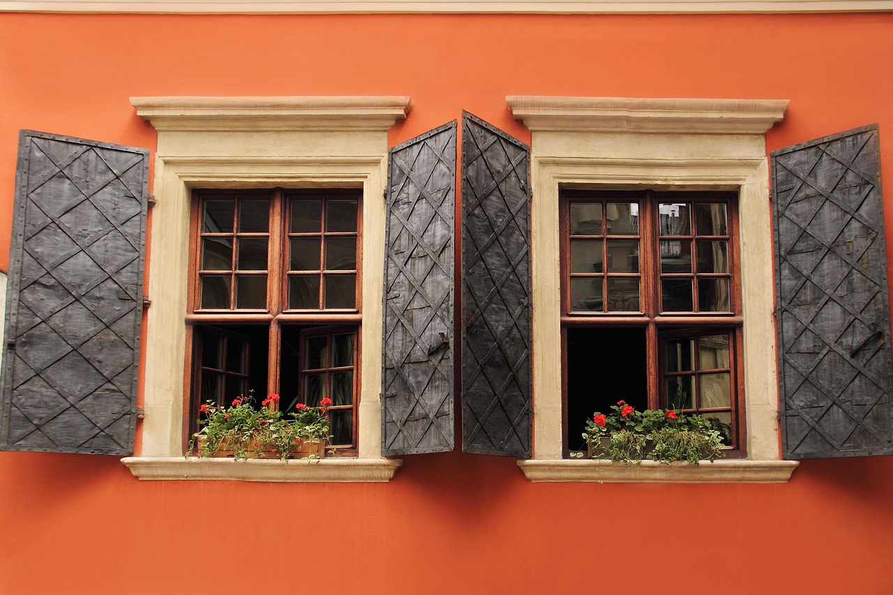 architecture, nature, beautiful flowers, brown, building, flower background, decorated, design, detail, exterior, facade, flower wallpaper, flower, folding, frame, glass, house, old, open, orange, outdoor, red, shutter, vintage, wall, window, windows, wood, wooden