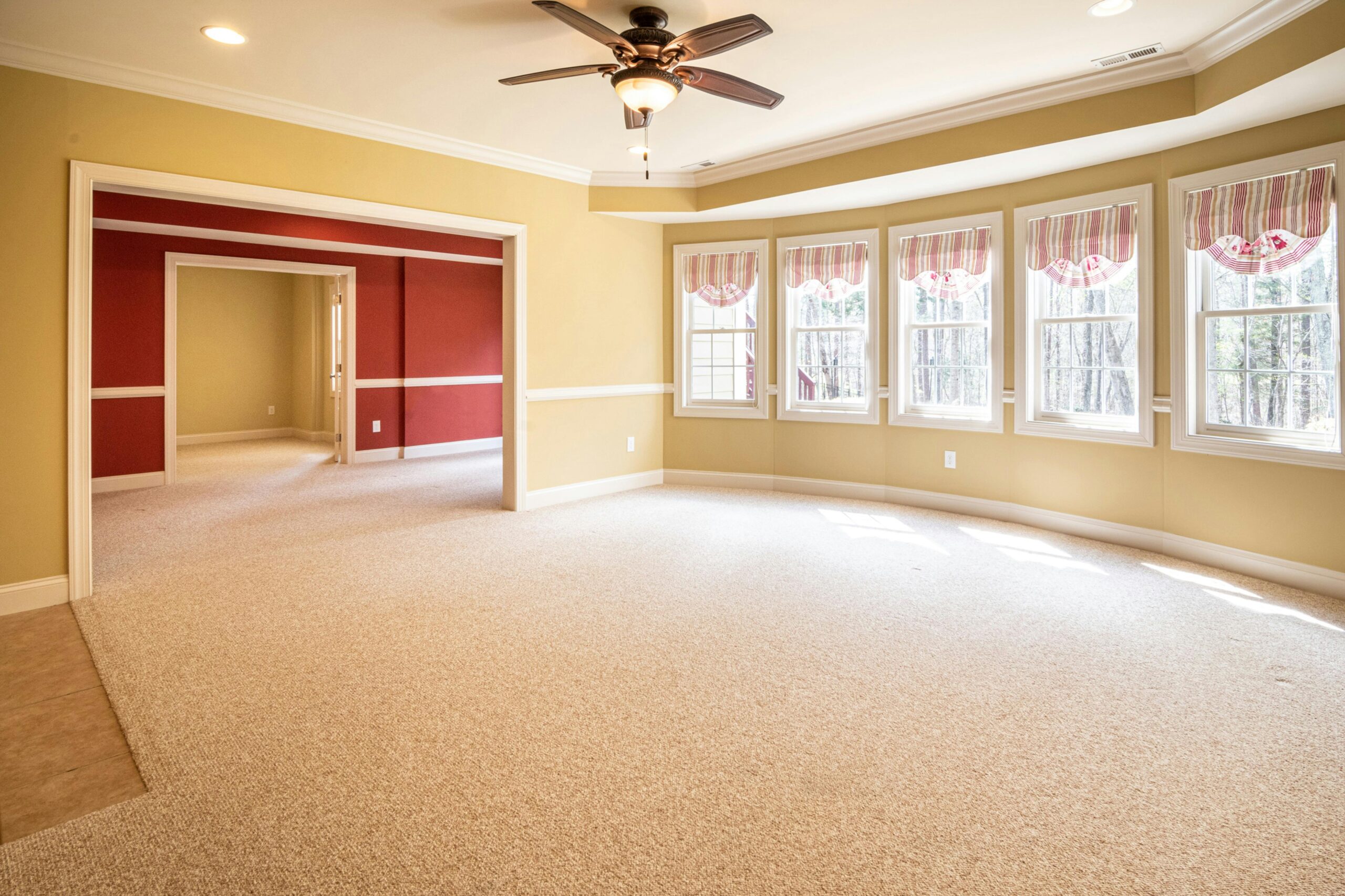 Bright empty room with carpet and ceiling fan, ideal for residential interior design.